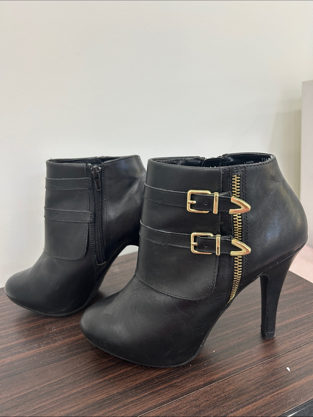 Women's Black Ankle Booties with Gold Buckle & Zip Detail